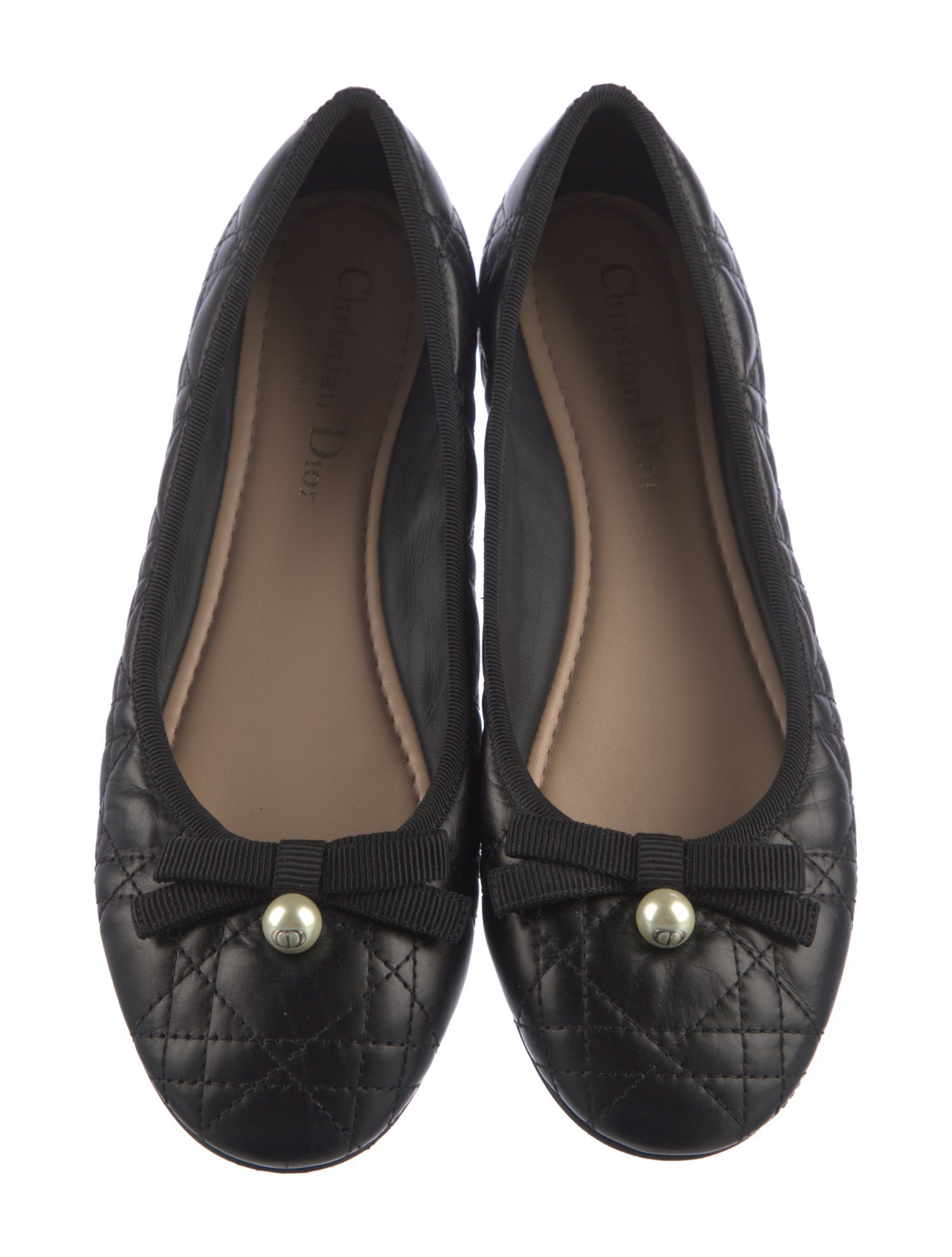 Christian Dior Faux Pearl Accents Leather Flats